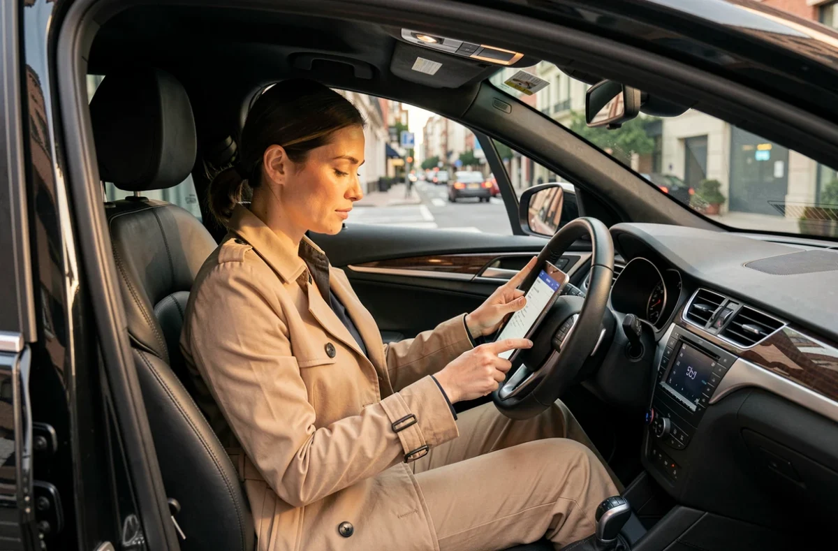 Consultante en portage salarial travaillant sur une tablette installée dans sa voiture de fonction noire