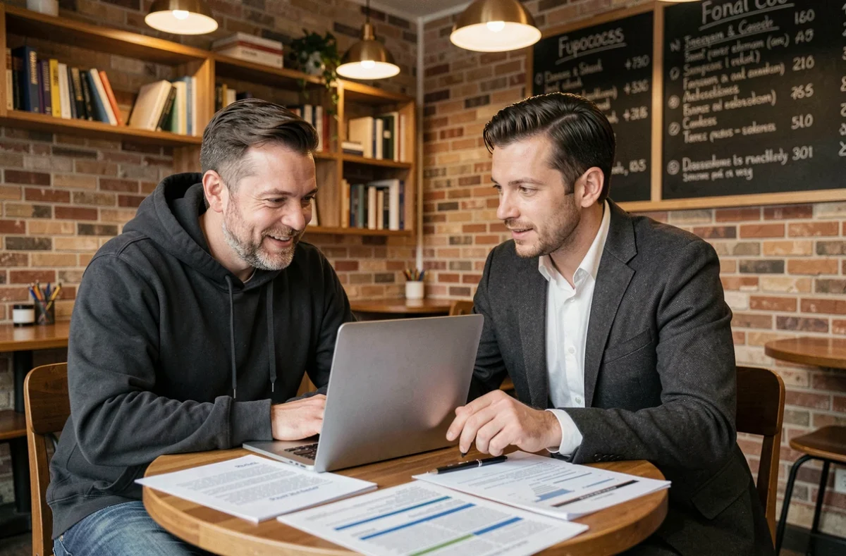 Deux consultants IT en portage salarial collaborant autour d'un ordinateur portable dans un espace de travail convivial