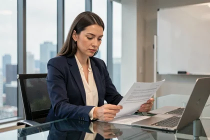 Femme professionnelle en blazer marine révisant un contrat d'égérie dans une salle de réunion moderne avec vue sur la ville