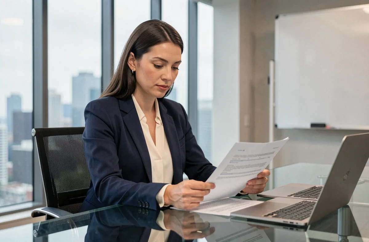 Femme professionnelle en blazer marine révisant un contrat d'égérie dans une salle de réunion moderne avec vue sur la ville