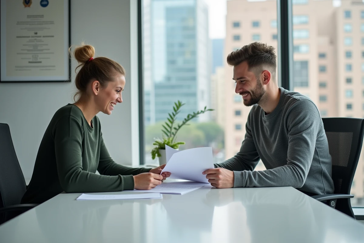 Jeune stagiaire et responsable RH signant un contrat de stage avec discussion sur les obligations légales