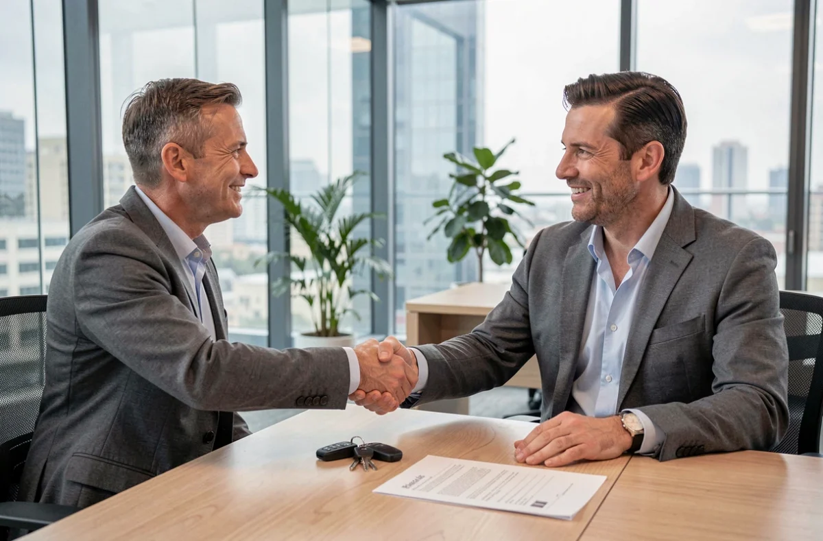 Professionnel en portage salarial signant un contrat avec les clés d'une voiture de fonction posées sur le bureau