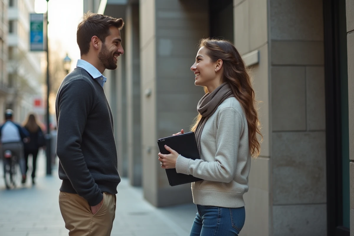 Homme en sweater discutant avec une femme devant un bâtiment moderne