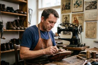 Cordonnier concentré en train de réparer une chaussure en cuir dans son atelier artisanal traditionnel