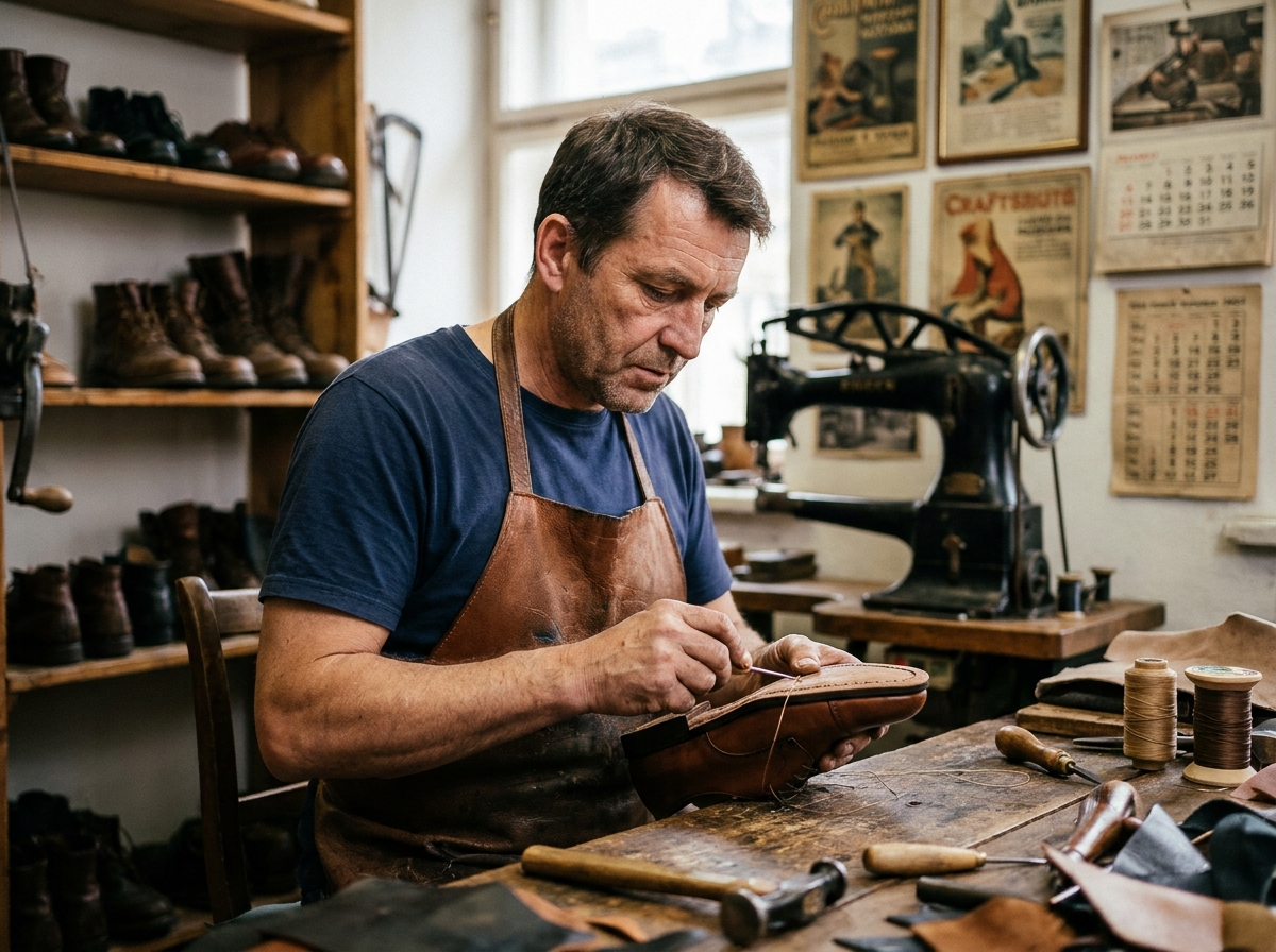 Cordonnier concentré en train de réparer une chaussure en cuir dans son atelier artisanal traditionnel