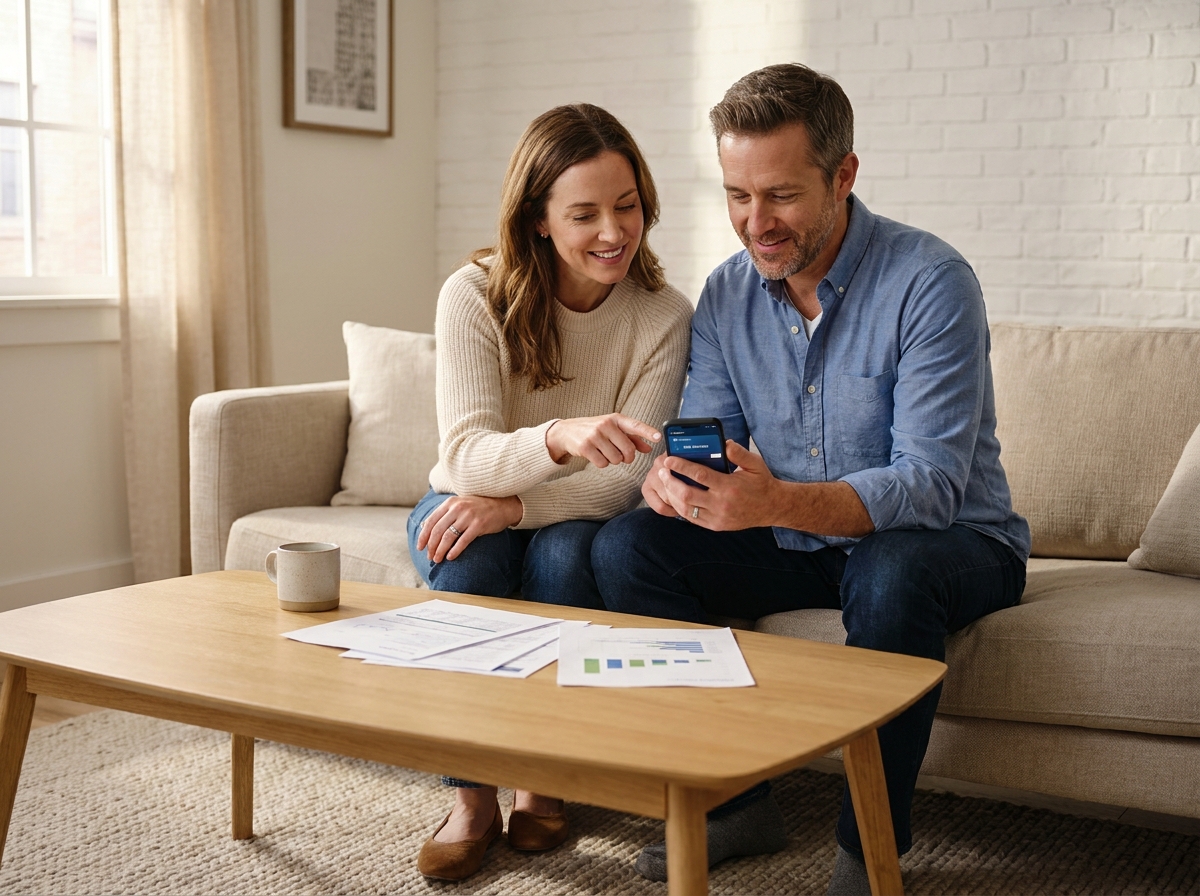 Couple consultant une application bancaire mobile pour sécuriser leurs documents avant un changement de banque
