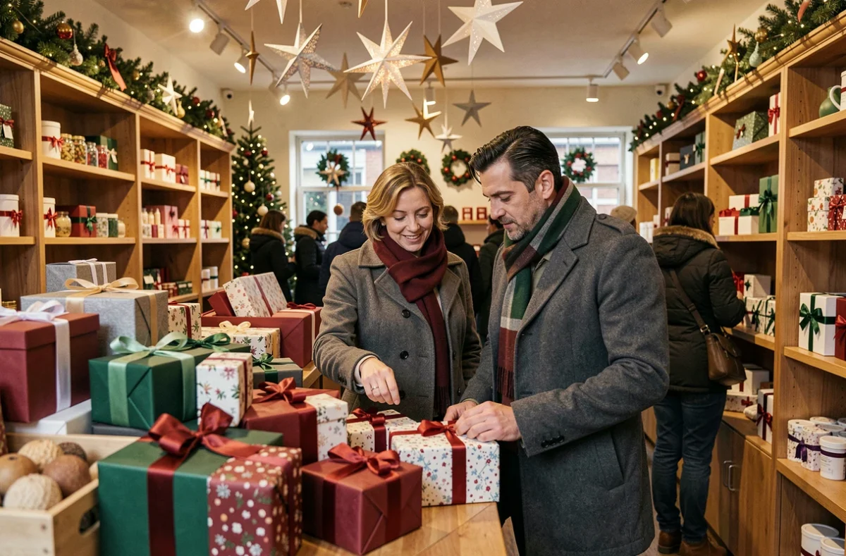 Couple en train de choisir des cadeaux dans une boutique décorée pour les fêtes de Noël avec des chèques Shopping Pass