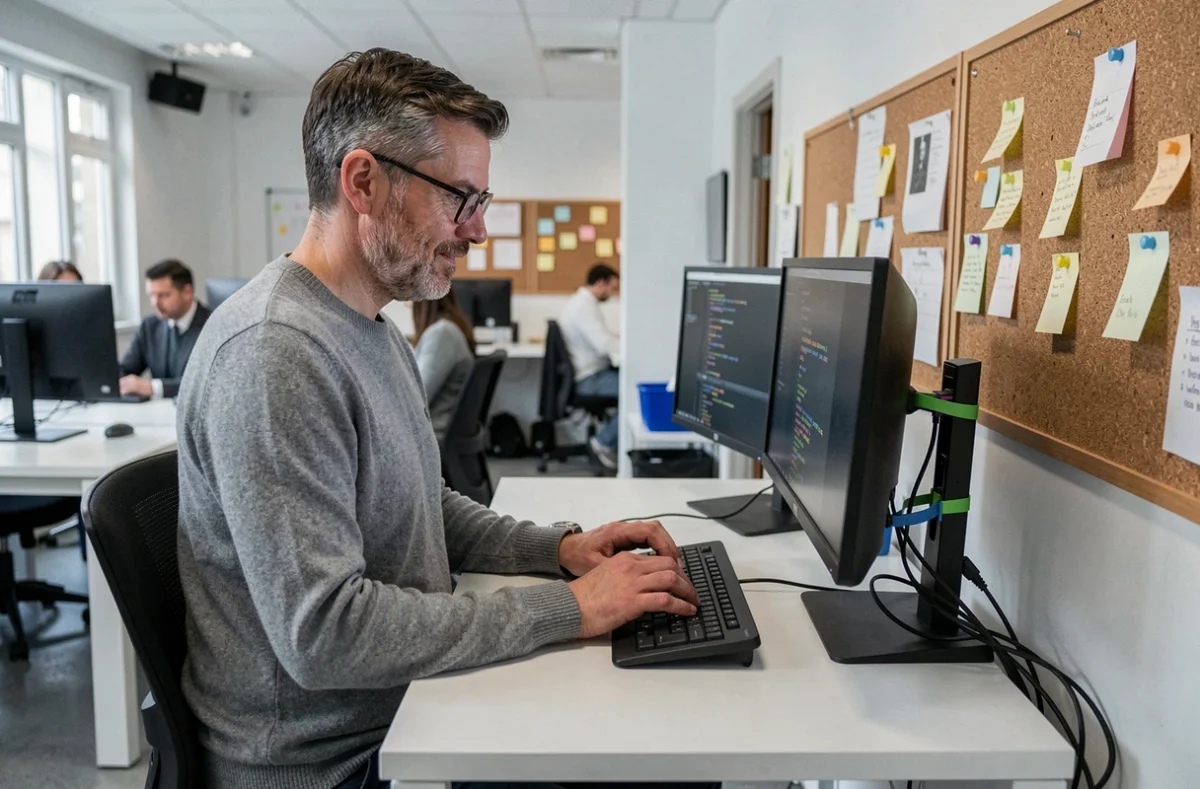 Espace Cowork 77 à Chanteloup-en-Brie avec un homme travaillant debout sur un bureau réglable en hauteur