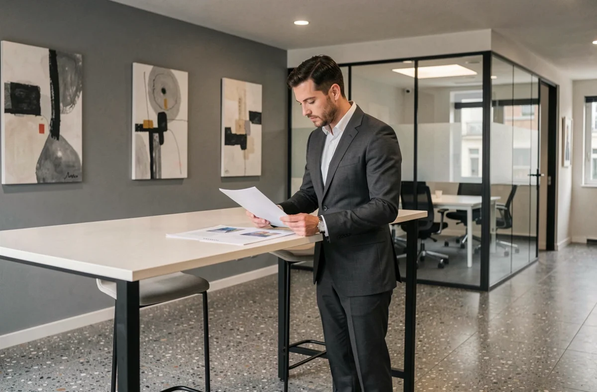 Homme d'affaires debout dans un espace coworking premium avec mobilier design à Neuilly-sur-Seine