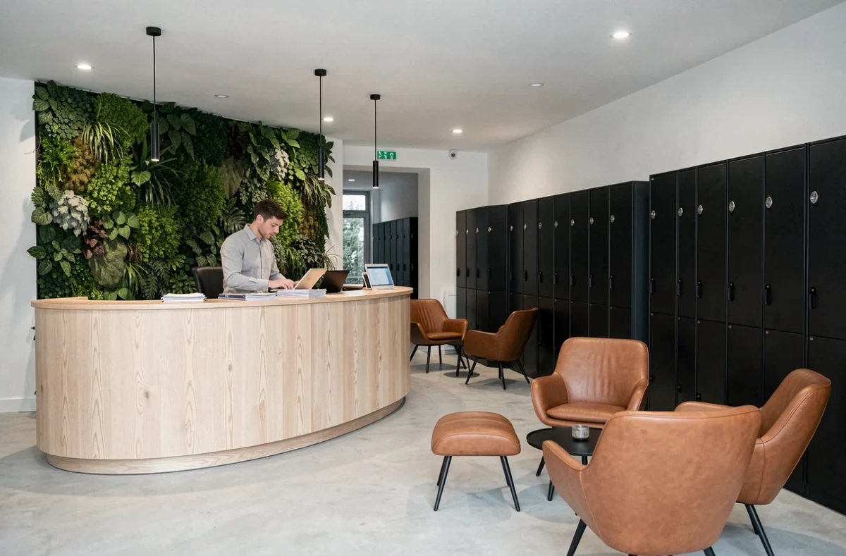 Hall d'accueil design d'un espace de coworking haut de gamme à Neuilly-sur-Seine avec mobilier contemporain