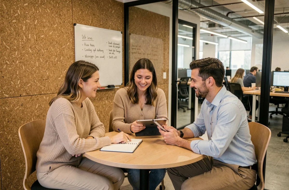 Équipe de professionnels en réunion collaborative dans une salle vitrée d'un coworking à Neuilly-sur-Seine