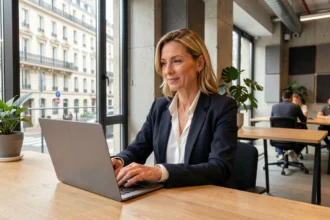 Femme professionnelle travaillant dans un espace de coworking moderne à Neuilly-sur-Seine avec vue sur boulevard haussmannien