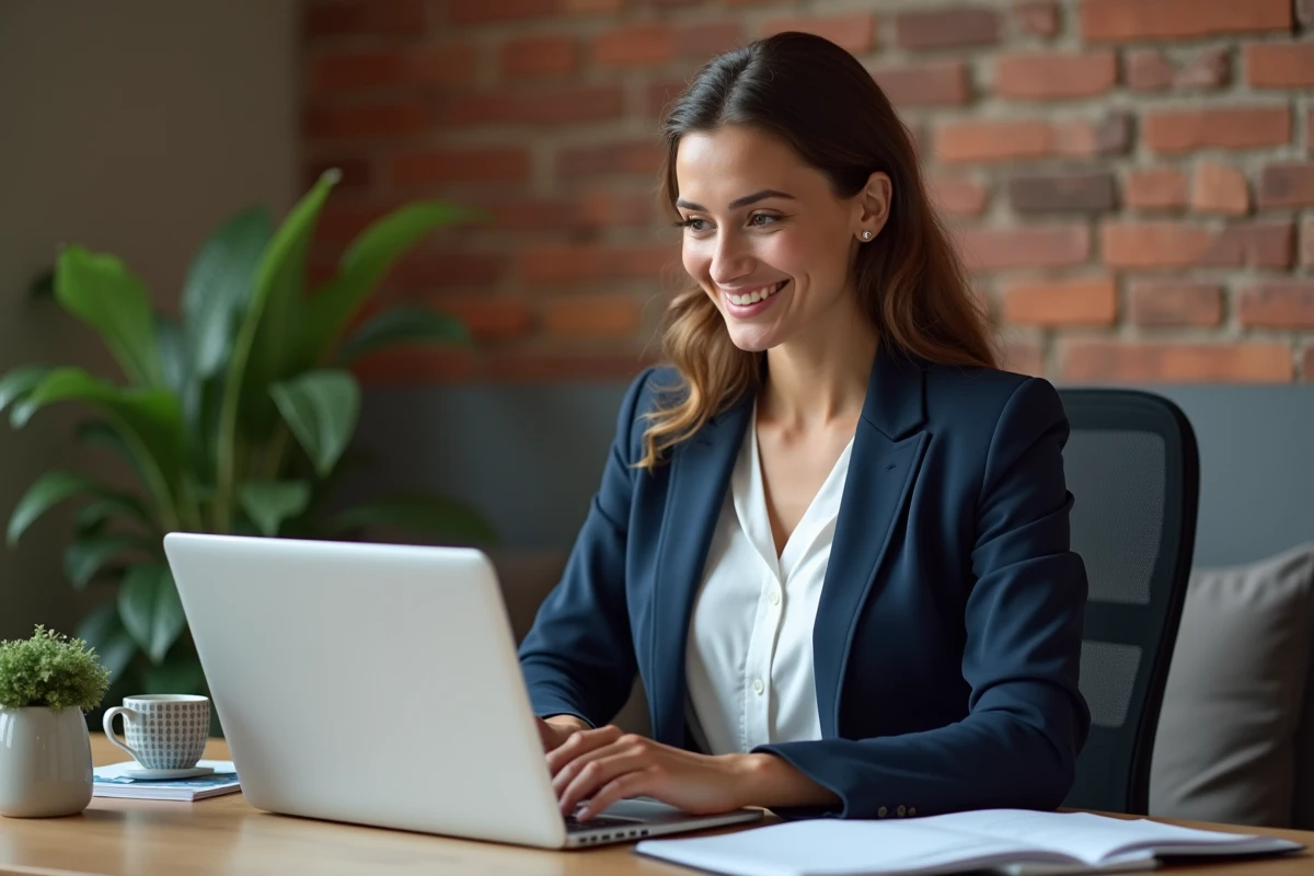Professionnelle créant son compte pro sur Batiav depuis son bureau à domicile