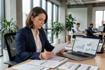 Femme professionnelle en blazer marine consultant des documents de création d'entreprise de portage salarial dans un bureau moderne