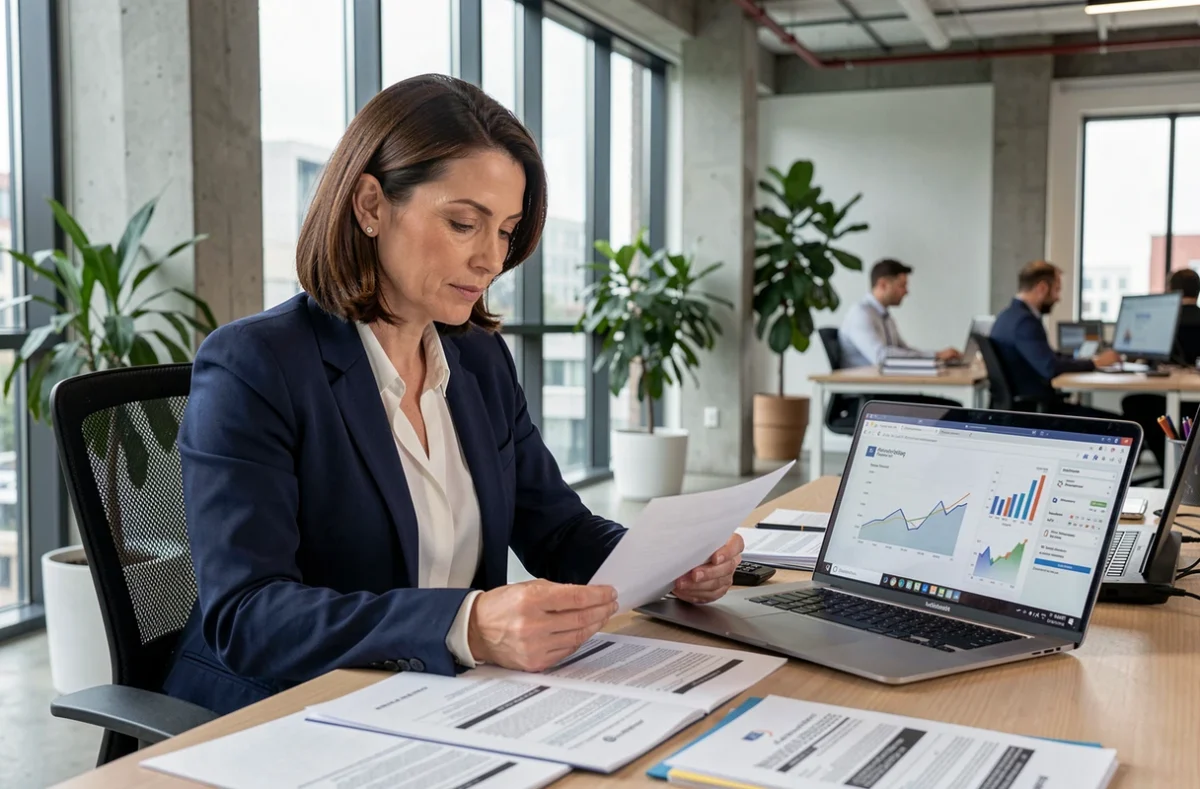 Femme professionnelle en blazer marine consultant des documents de création d'entreprise de portage salarial dans un bureau moderne