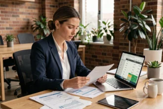 Créatrice d'entreprise analysant les prix et le retour sur investissement d'une formation digitale dans un espace de co-working moderne