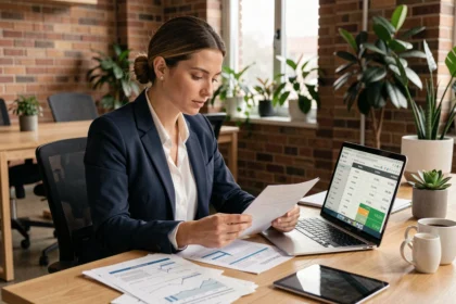 Créatrice d'entreprise analysant les prix et le retour sur investissement d'une formation digitale dans un espace de co-working moderne