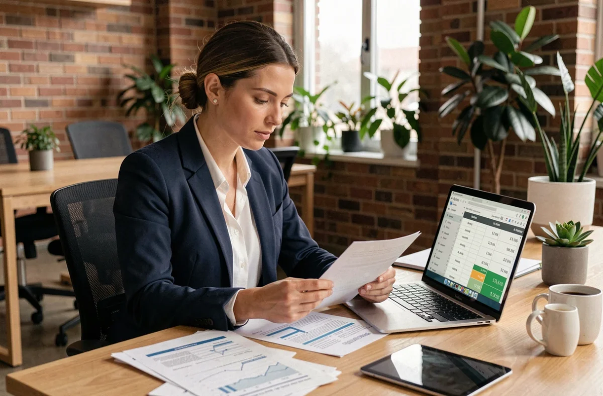 Créatrice d'entreprise analysant les prix et le retour sur investissement d'une formation digitale dans un espace de co-working moderne