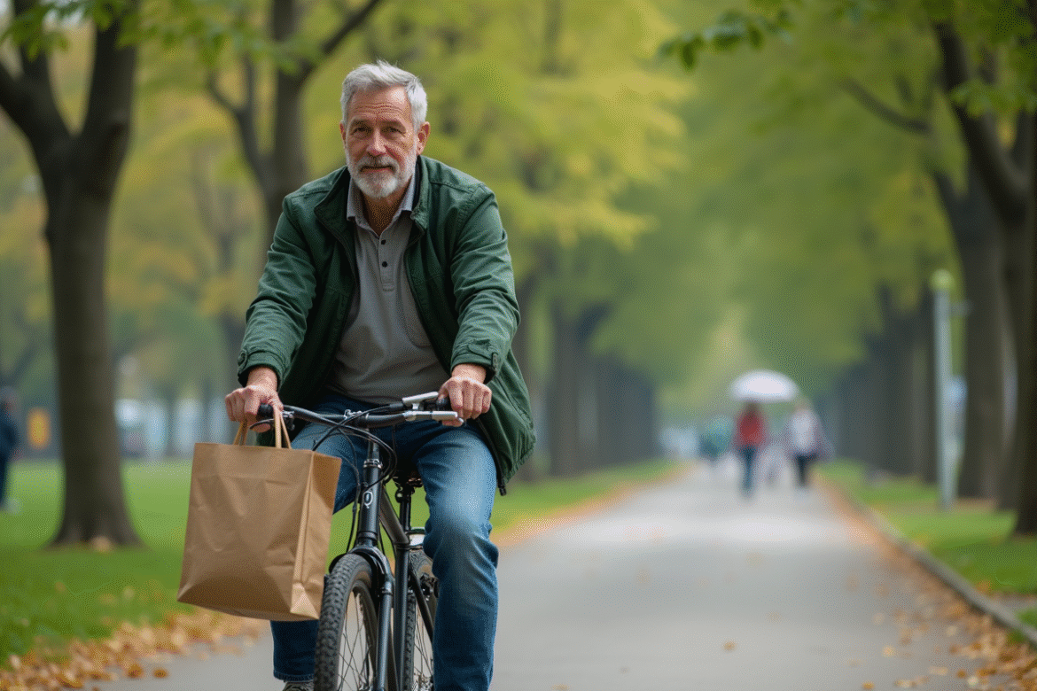 Homme à vélo dans un parc urbain en ville