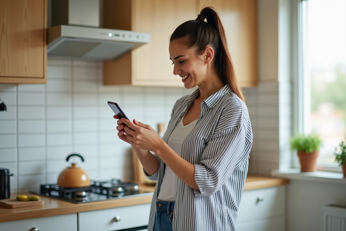 Femme démarrant avec un programme d'affiliation depuis chez elle avec un smartphone dans une cuisine moderne sans budget publicitaire