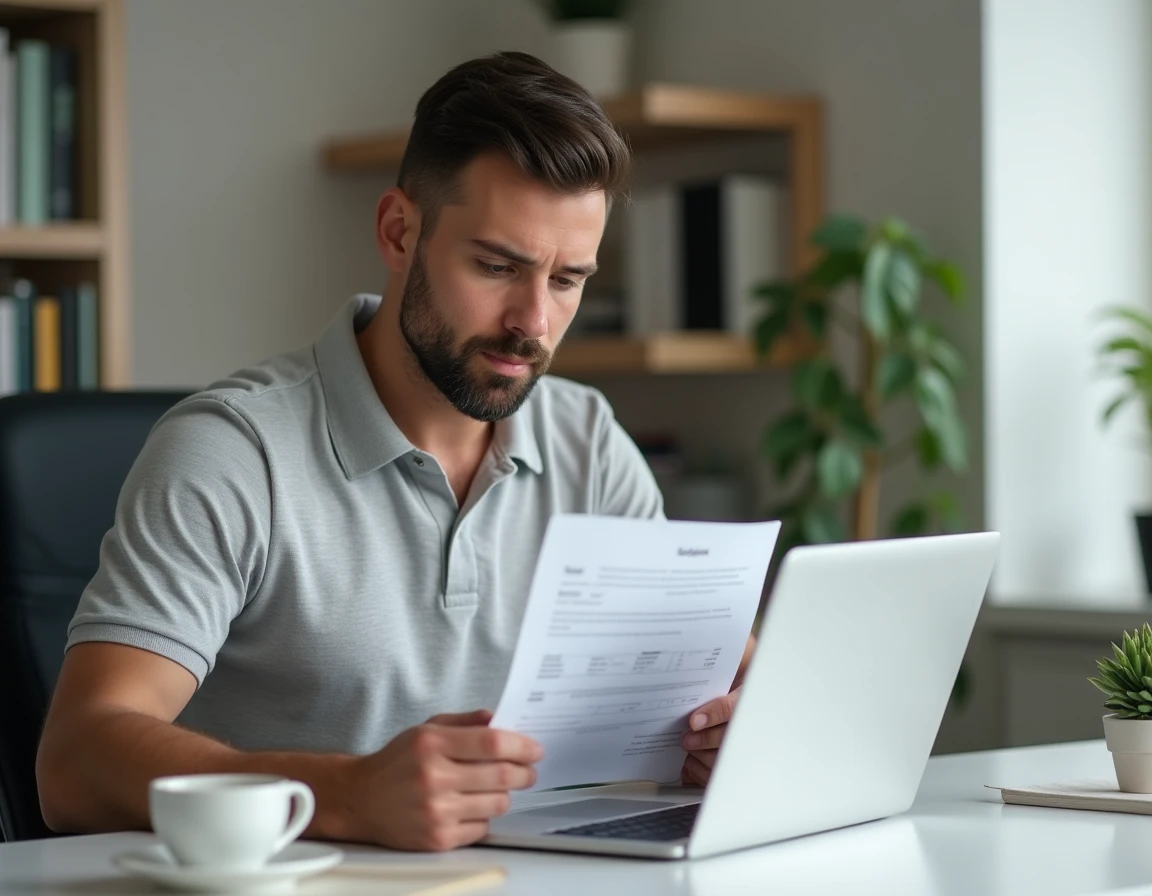 Homme consultant une déclaration fiscale sur ordinateur portable pour déclarer des revenus issus de services rendus entre particuliers