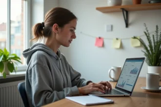 Jeune femme travaillant sur une plateforme d'affiliation depuis un bureau à domicile minimaliste sans budget marketing