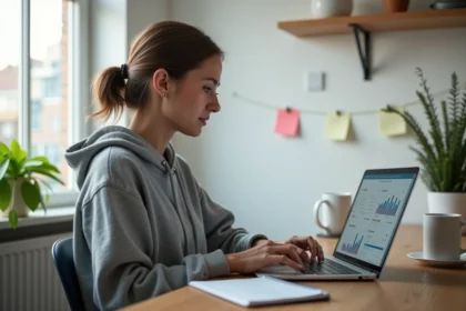 Jeune femme travaillant sur une plateforme d'affiliation depuis un bureau à domicile minimaliste sans budget marketing