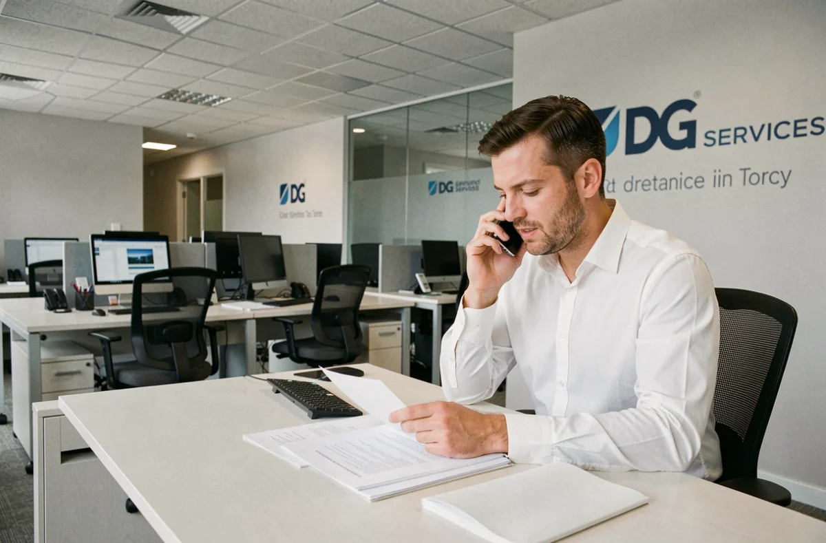 Espace DG Services à Torcy avec un homme en chemise blanche travaillant à son bureau dans un open space