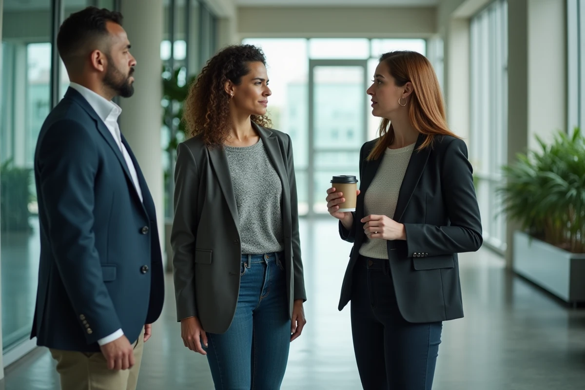 Collègues en discussion discrète dans un couloir d'entreprise sur les inégalités salariales et les pratiques cachées des recruteurs