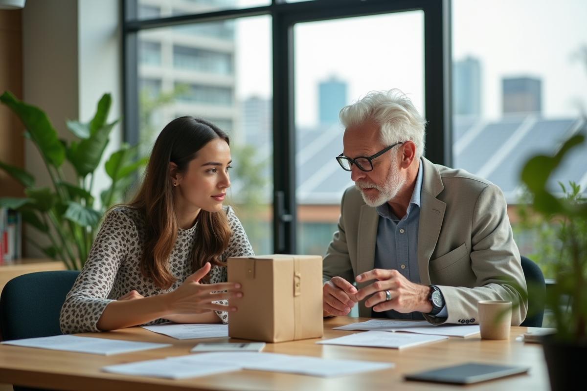Jeune femme et homme discutant d