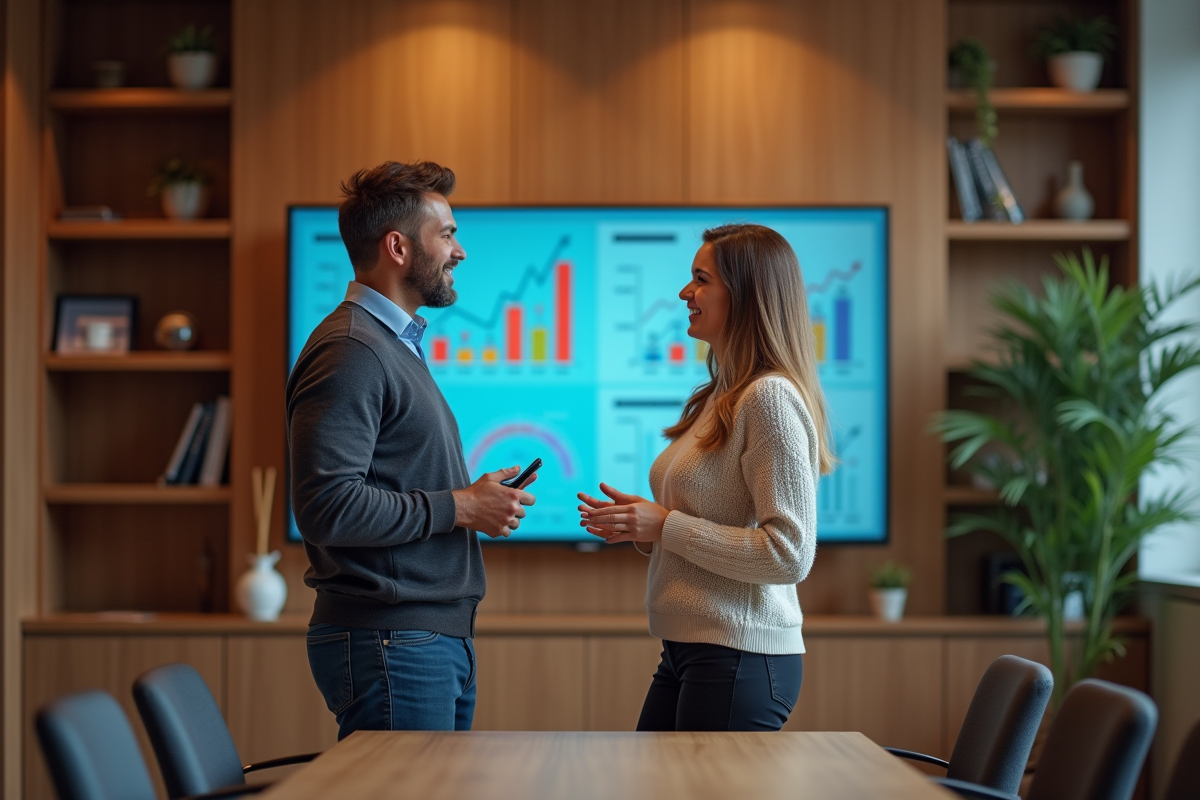 Deux professionnels discutant près d une télévision en réunion