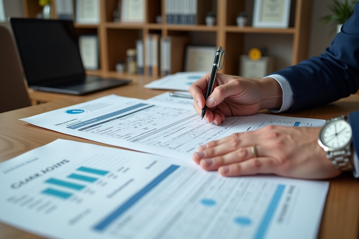 Main d un homme organisant des formulaires de salaire et fiscalité