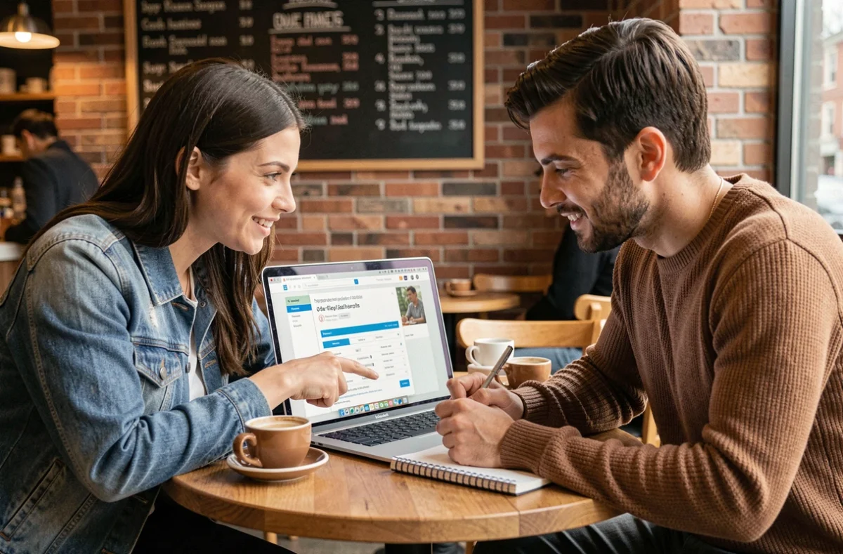 Deux jeunes professionnels collaborant autour d'un ordinateur portable dans un café pour analyser des codes ROME et affiner leurs candidatures