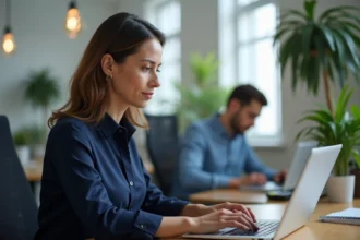 Employée consultant le portail CE et ASC La Poste sur un ordinateur portable dans un bureau moderne en 2026