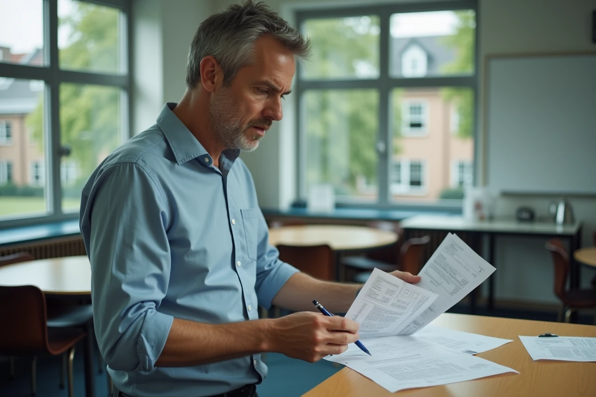 Enseignant contractuel comparant deux fiches de paie dans la salle des professeurs d'un établissement scolaire