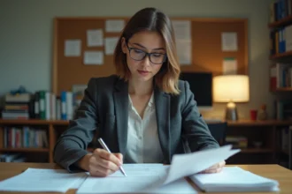 Enseignante titulaire de l'Éducation Nationale analysant ses fiches de paie dans un bureau administratif scolaire