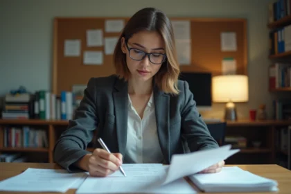 Enseignante titulaire de l'Éducation Nationale analysant ses fiches de paie dans un bureau administratif scolaire