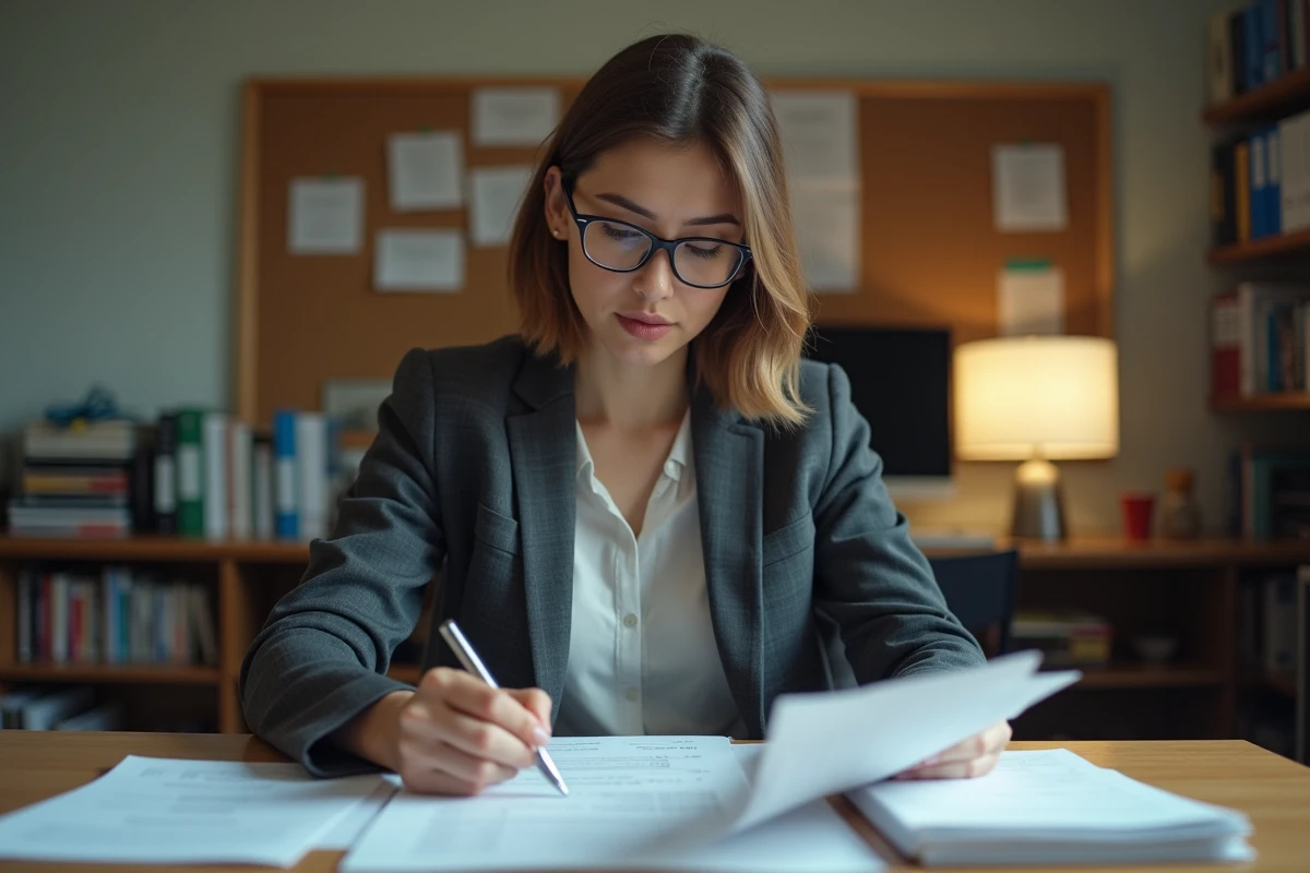 Enseignante titulaire de l'Éducation Nationale analysant ses fiches de paie dans un bureau administratif scolaire