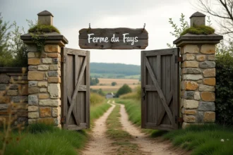 Entrée rustique de la Ferme du Fays dans l'Yonne avec un portail en pierre et un panneau en bois peint entouré de végétation naturelle