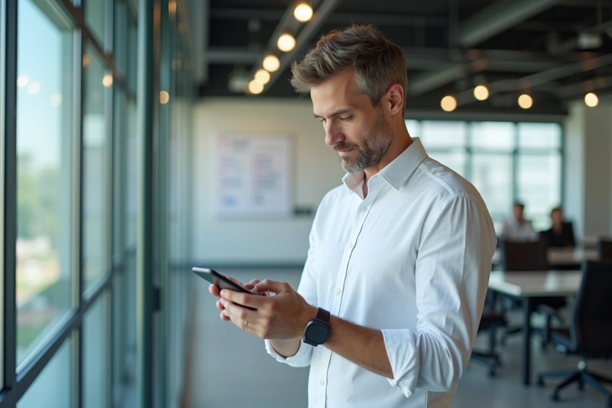 Entrepreneur masculin consultant une application de réservation de bureau sur mobile dans un espace de travail contemporain
