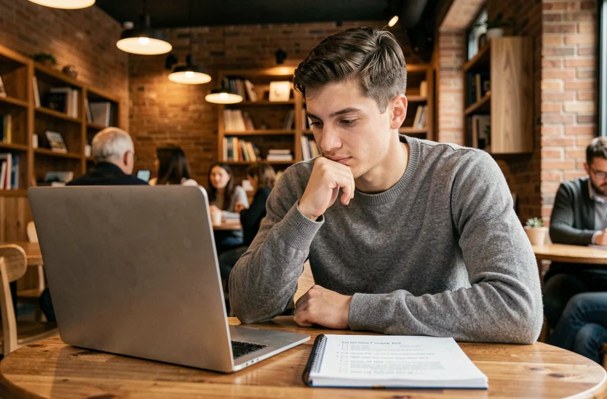 Entrepreneur réalisant un audit indépendant d'une agence marketing en consultant une checklist dans un café