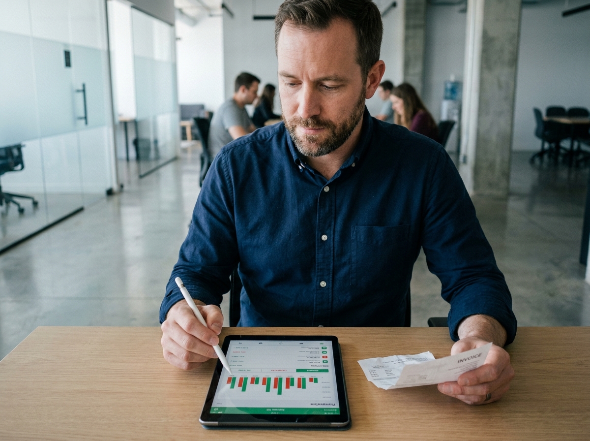Entrepreneur masculin gérant ses encaissements et décaissements sur tablette dans un espace de coworking moderne