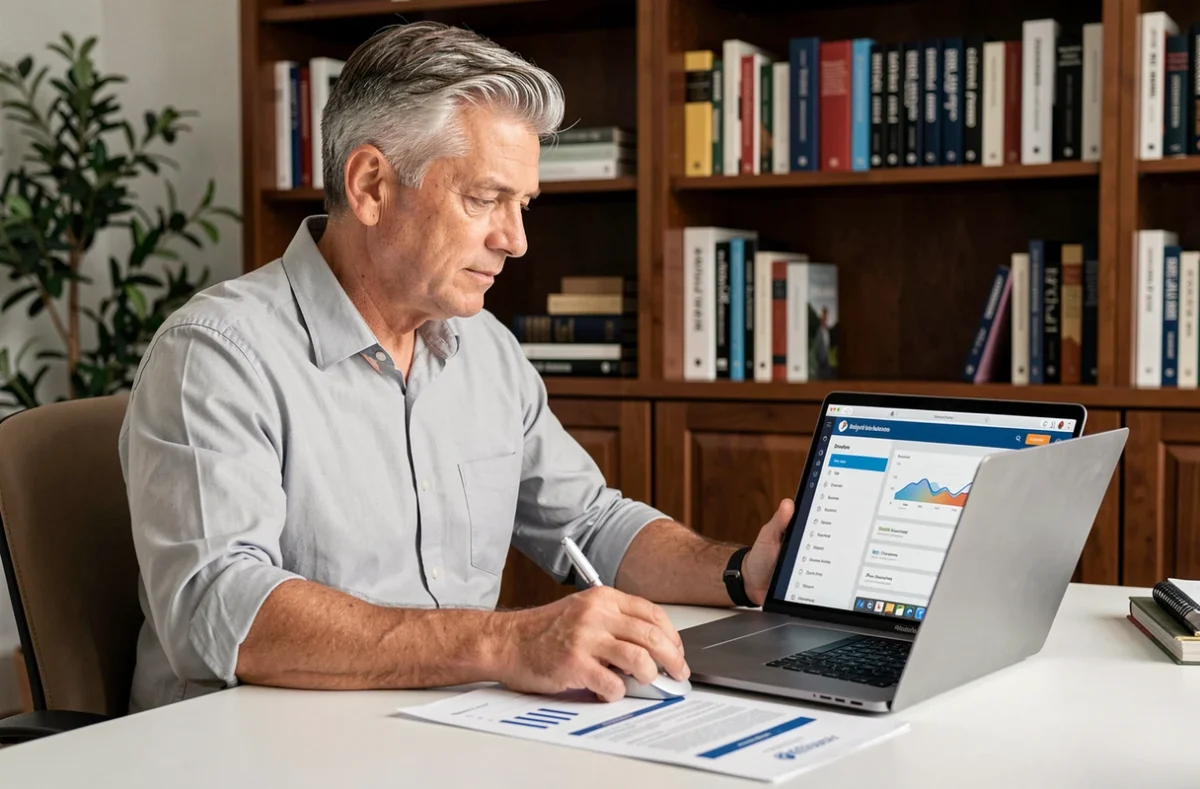 Chef d'entreprise travaillant sur une plateforme B2B depuis son bureau à domicile