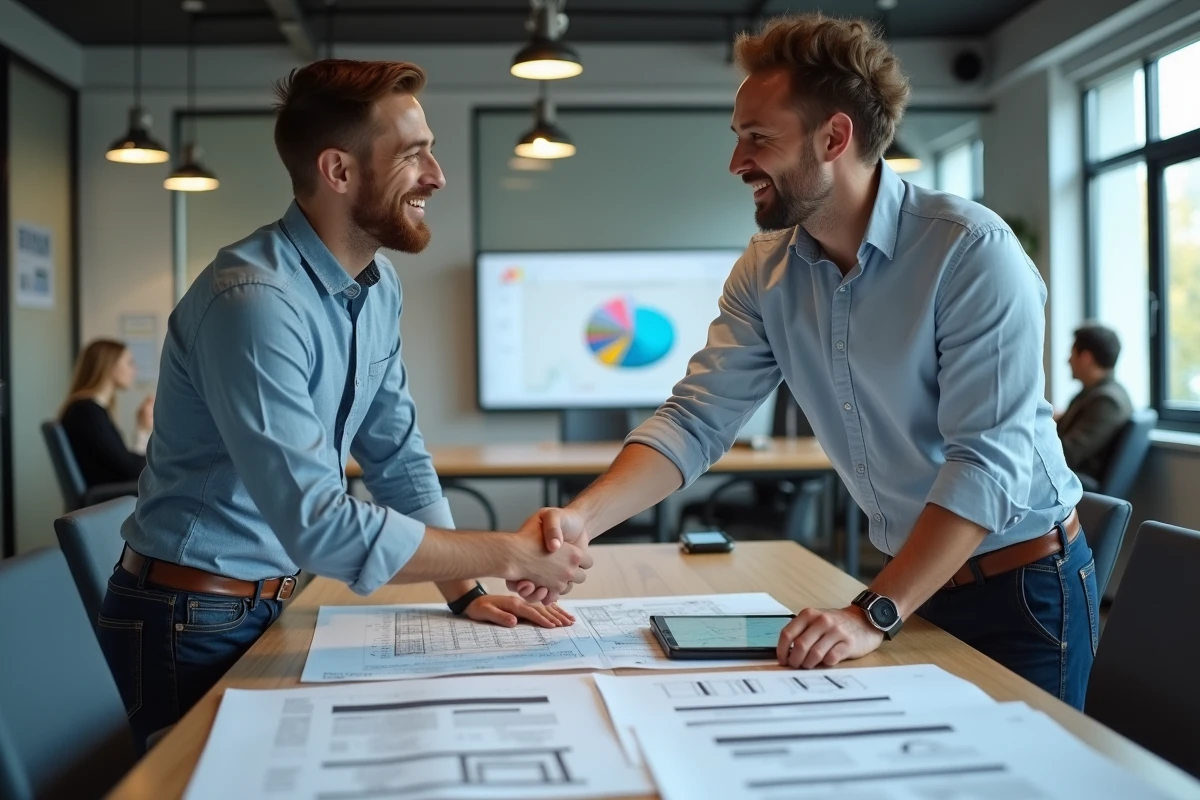 Entrepreneur décrochant son premier client grâce à Batiav dans un espace de coworking