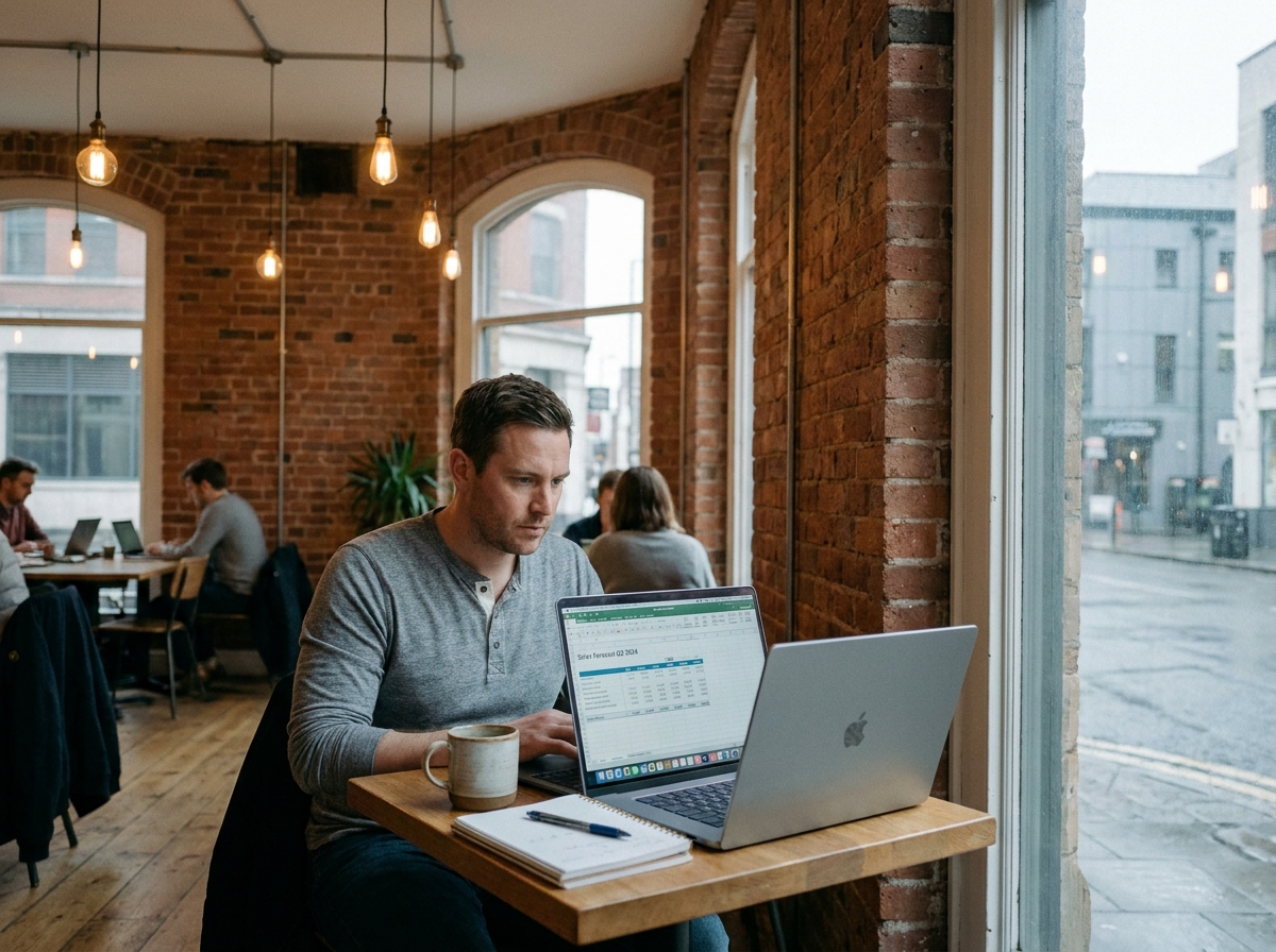 Entrepreneur travaillant sur des prévisions de ventes dans un espace de coworking avec un ordinateur portable