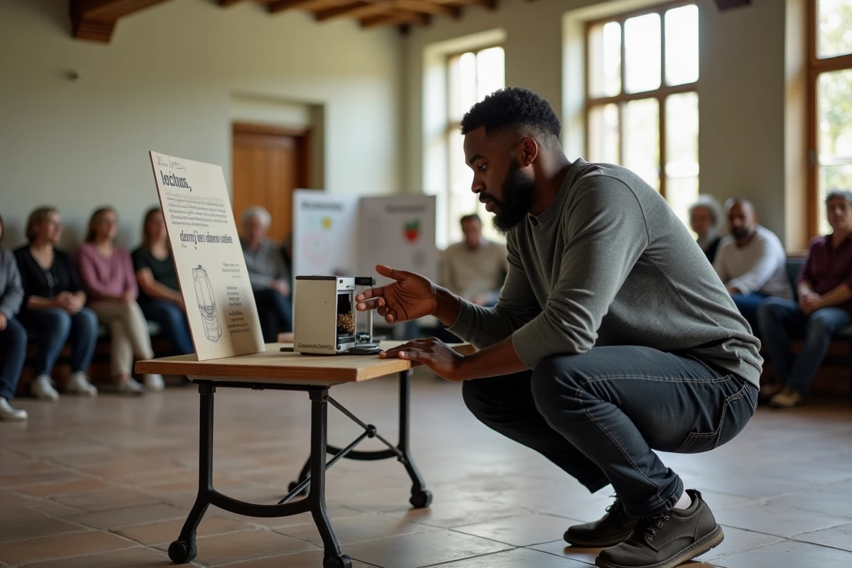 Entrepreneur présentant un prototype de composteur urbain lors d'une exposition dans une salle communautaire de quartier prioritaire