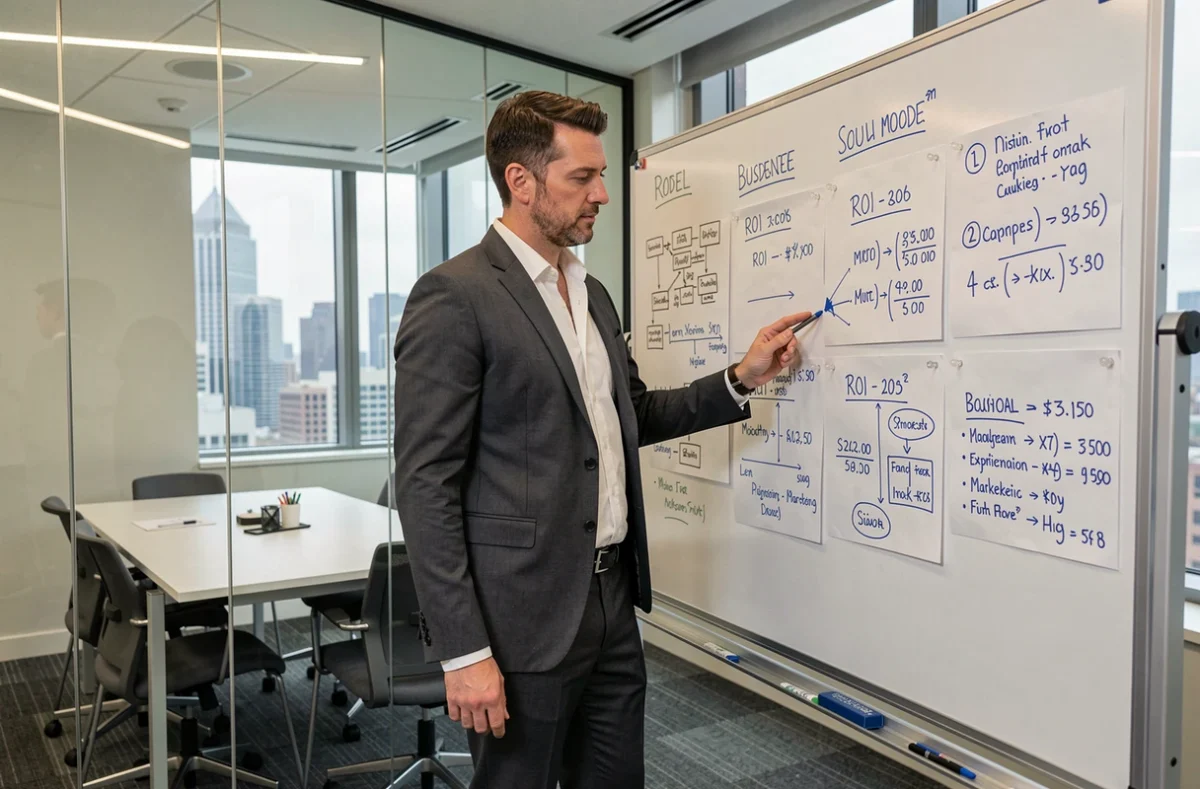 Entrepreneur présentant le calcul du retour sur investissement d'une formation numérique sur un tableau blanc dans une salle de réunion startup
