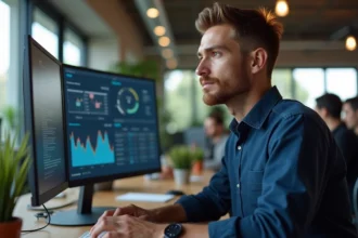 Entrepreneur SaaS analysant les performances de son site vitrine pour réduire le coût d'acquisition client
