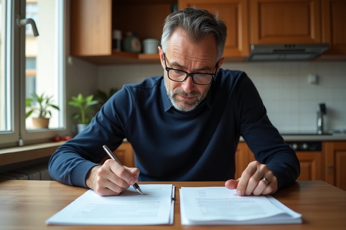Entrepreneur gérant de SARL comparant des documents de simulation de charges sociales à son domicile