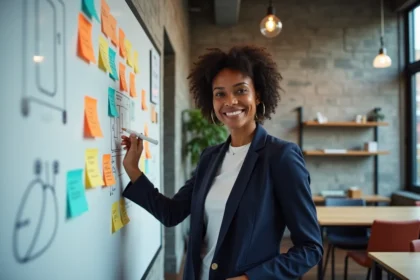 Entrepreneuse en quartier prioritaire présentant un projet d'innovation sur un tableau collaboratif dans un espace de coworking urbain